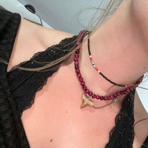 Pink tigers eye sharktooth necklace